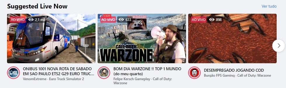 Seção de canais recomendados do Facebook Gaming