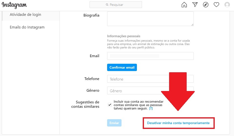 Tutorial para desativar a conta do Instagram