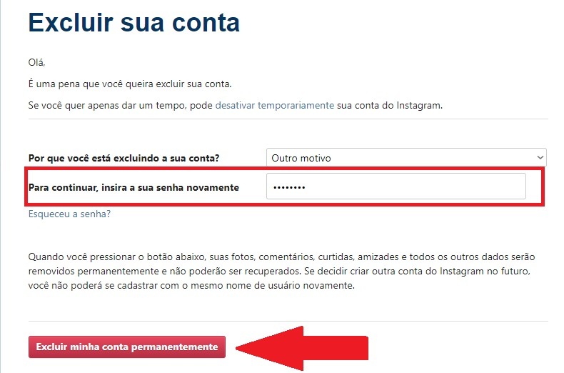 Tutorial para excluir a conta do Instagram