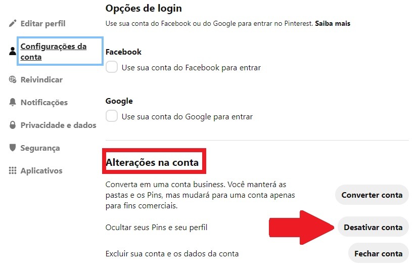 Como desativar uma conta no Pinterest