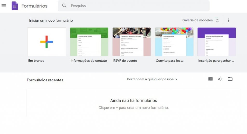 Tela inicial do Google Forms